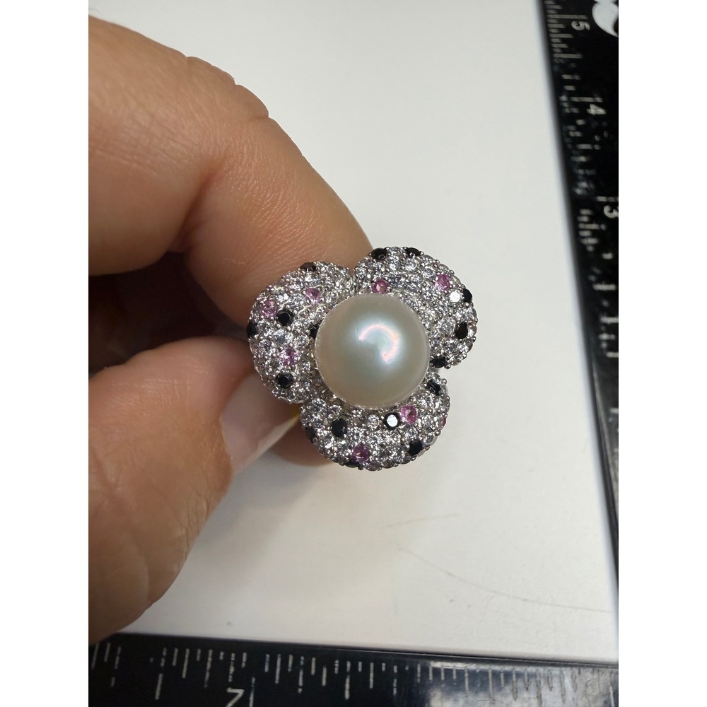 Pearl Floral Cocktail Ring Silver Tone Pink Black Gemstones Size 7 Statement